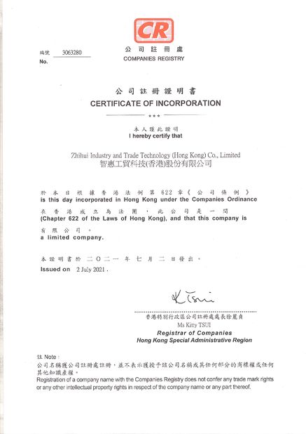 China Guangdong Zhihui Industry &amp; Trade Technology Co., Ltd. Certificações
